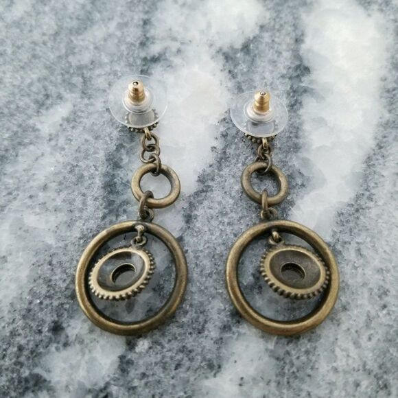 Boho Circular Drop Post Earrings, Brown Rhinestones, Neutral Tones - Picture 3 of 5